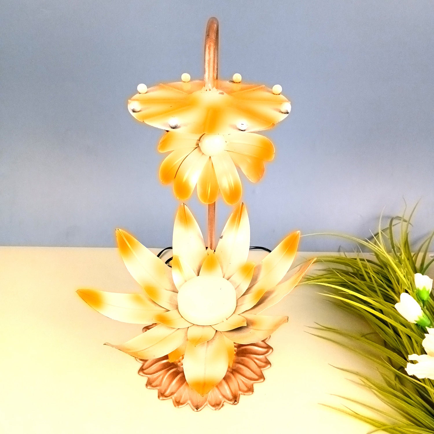 Lotus Lamp | Led Lamp Showpiece | Led Stand/Aasan for God - for Temple, Home, Living Room, Office Desk, Mandir Decor & Gifts - apkamart #color_Brown