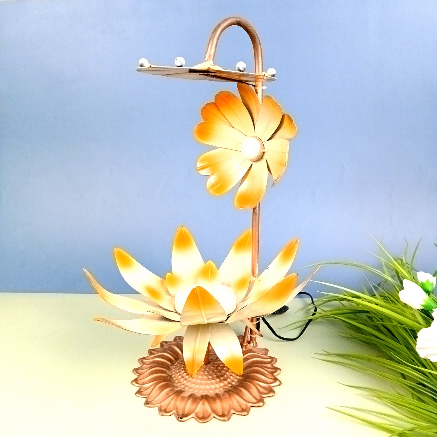 Lotus Lamp | Led Lamp Showpiece | Led Stand/Aasan for God - for Temple, Home, Living Room, Office Desk, Mandir Decor & Gifts - apkamart #color_Brown