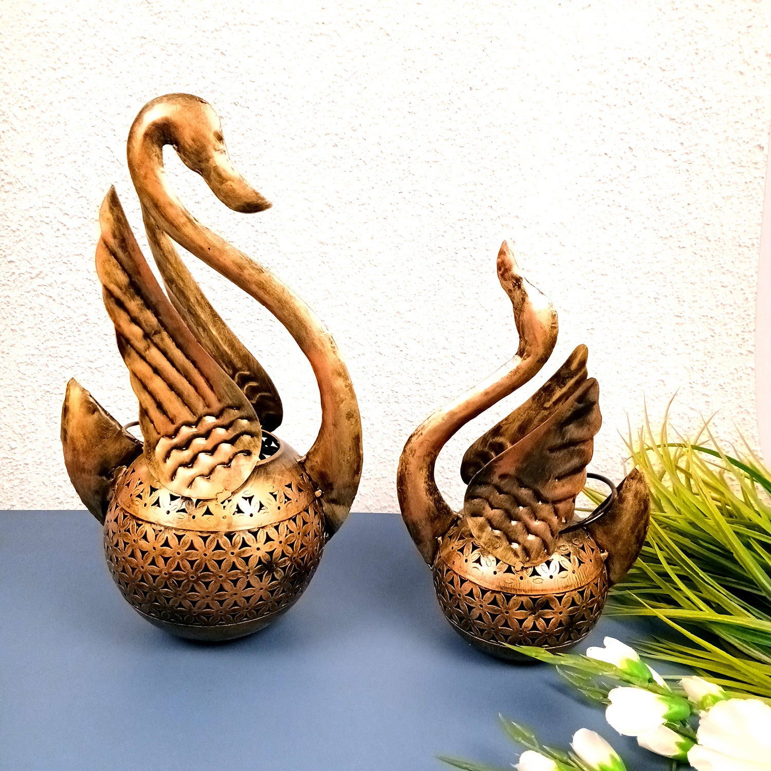 Swan Tea Light Stand Showpiece | Decorative Candle Tealight Holder - for Home, Table, Living Room Decor | for Festival Decoration & Gifts (Pack of 2) - Apkamart