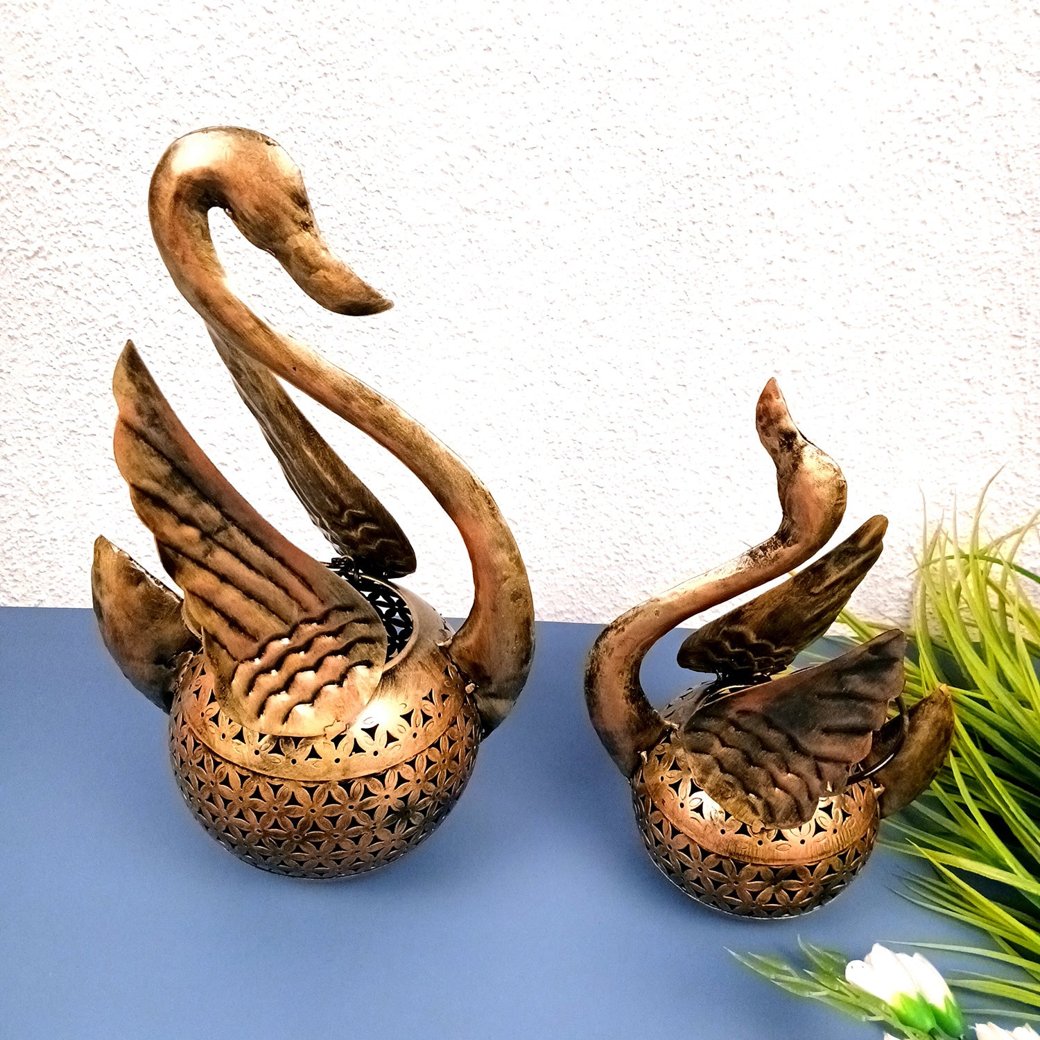 Swan Tea Light Stand Showpiece | Decorative Candle Tealight Holder - for Home, Table, Living Room Decor | for Festival Decoration & Gifts (Pack of 2) - Apkamart