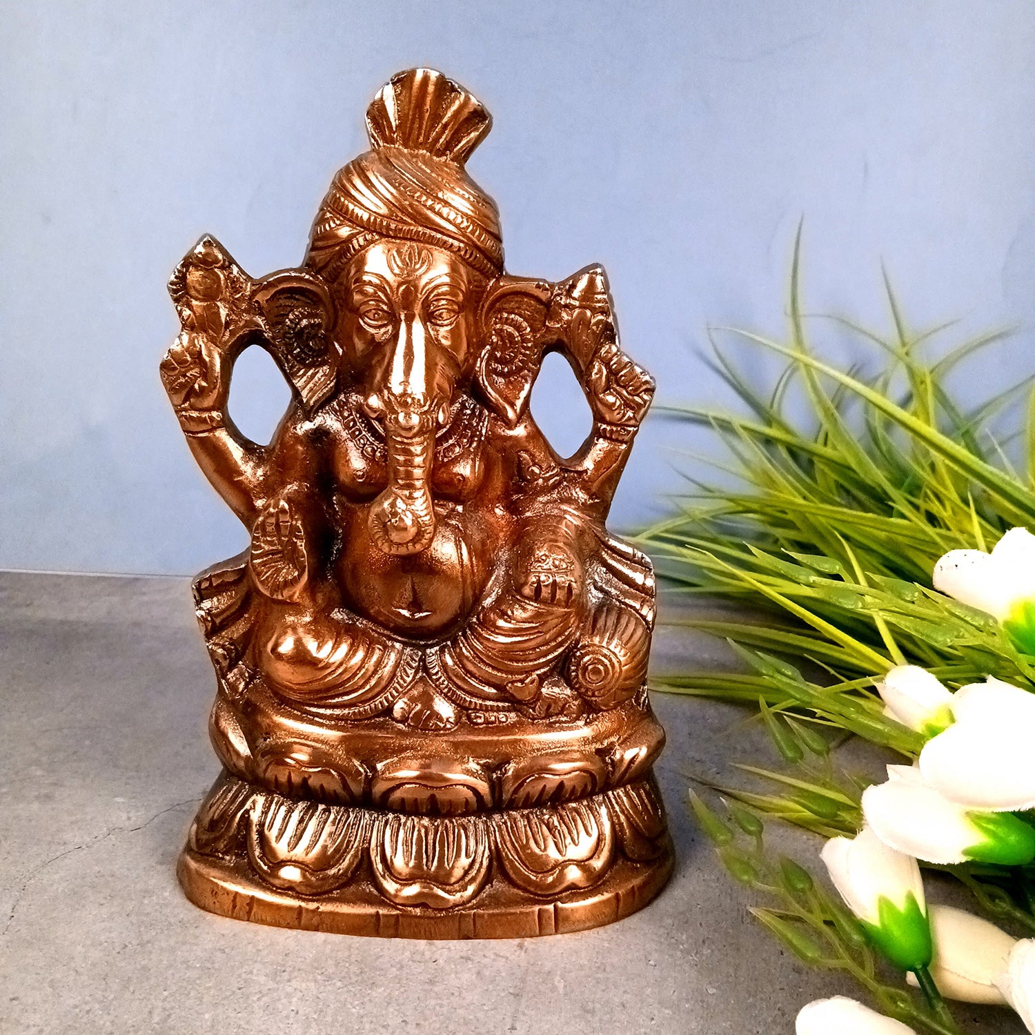 Handicraft Ganesh Statue for Temple/Home Decor/Office Decor -  (Metal - Alloy | Color - Copper Shade | Size - 9 Inch) - Apkamart