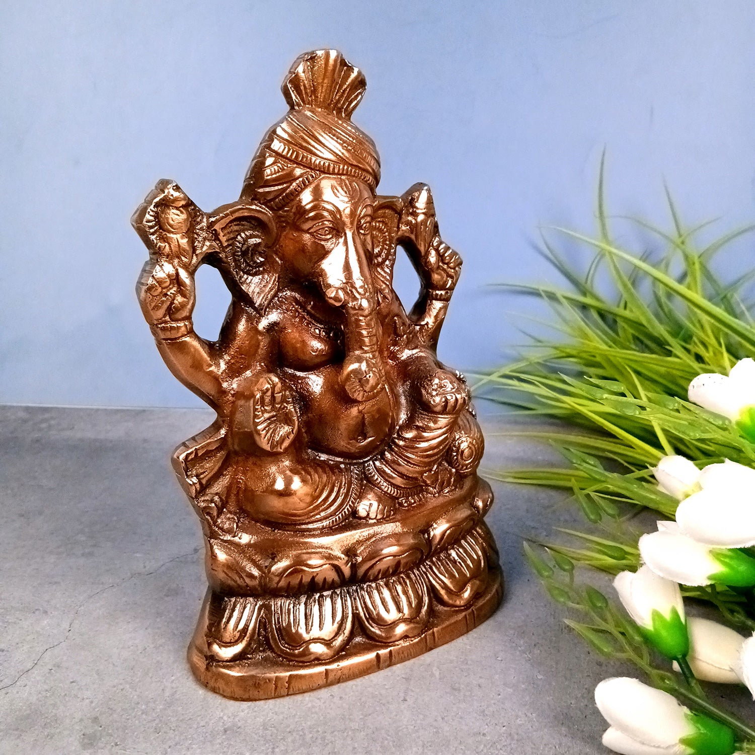 Handicraft Ganesh Statue for Temple/Home Decor/Office Decor -  (Metal - Alloy | Color - Copper Shade | Size - 9 Inch) - Apkamart