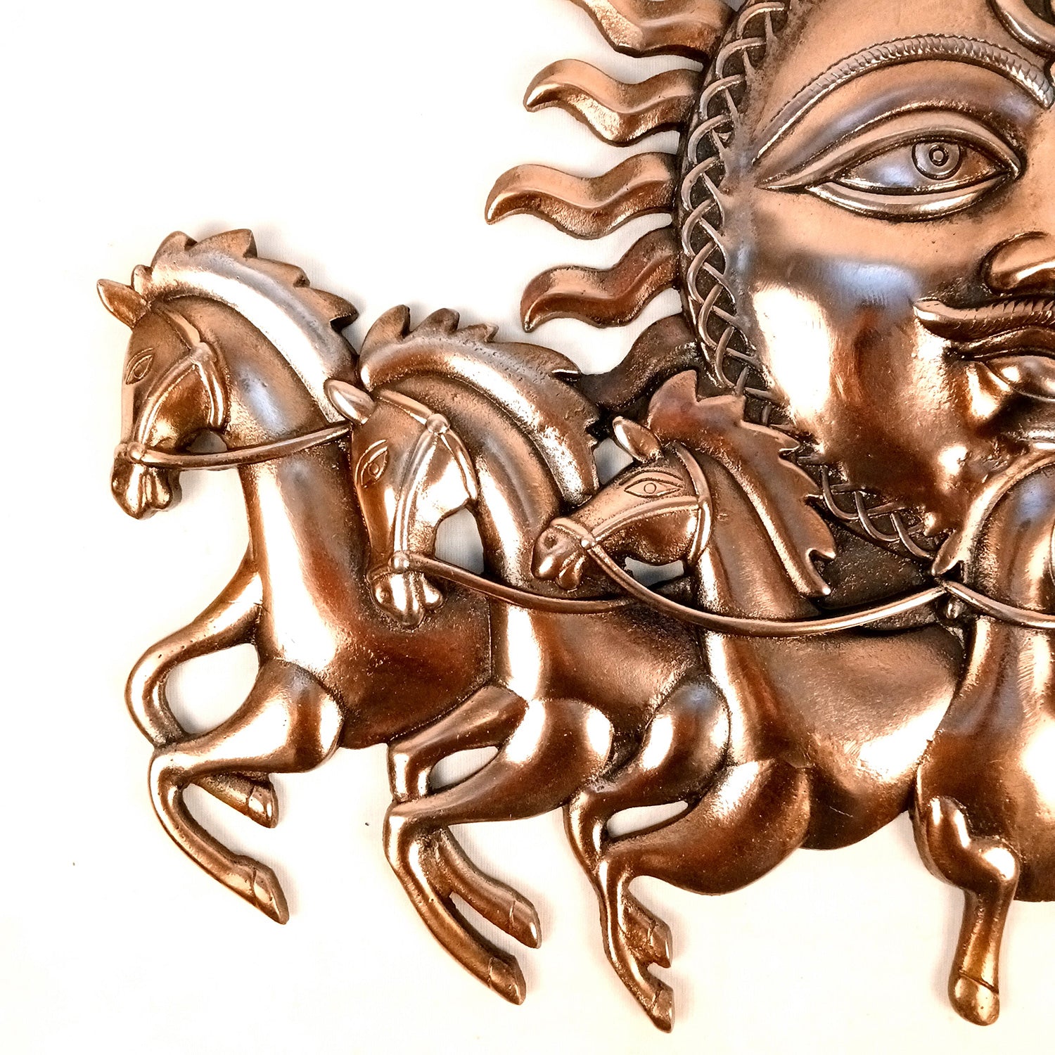 Seven / 7 Running Horse With Sun Wall Hanging - For Vastu, Feng Shui, Home, Office, Living Room Wall Decor & Gifts (Metal - Alloy, Color - Copper Shade, Size - 23 Inch) - Apkamart