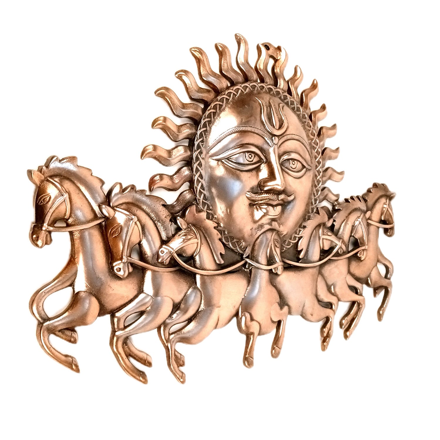 Seven / 7 Running Horse With Sun Wall Hanging - For Vastu, Feng Shui, Home, Office, Living Room Wall Decor & Gifts (Metal - Alloy, Color - Copper Shade, Size - 23 Inch) - Apkamart