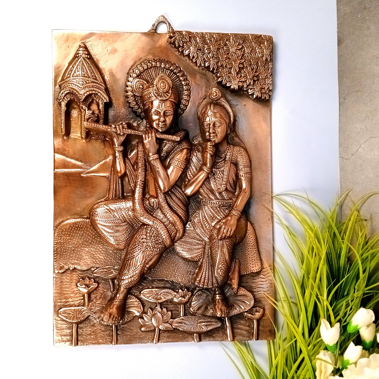 Radha Krishna Wall Hanging Idol | Krishna Playing Flute / Bansuri Wall Statue Murti | Wedding Gift for Couples - for Home, Living Room, Office, Puja , Entrance Decoration & Gift - 21 Inch - Apkamart