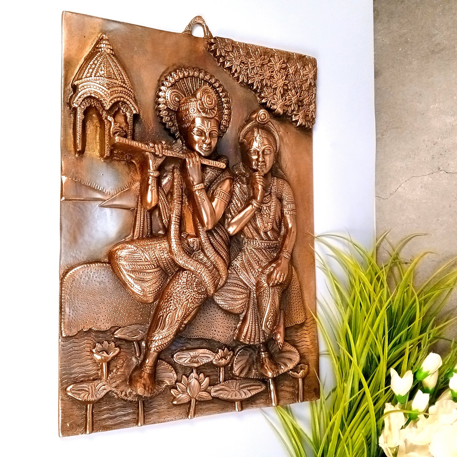 Radha Krishna Wall Hanging Idol | Krishna Playing Flute / Bansuri Wall Statue Murti | Wedding Gift for Couples - for Home, Living Room, Office, Puja , Entrance Decoration & Gift - 21 Inch - Apkamart