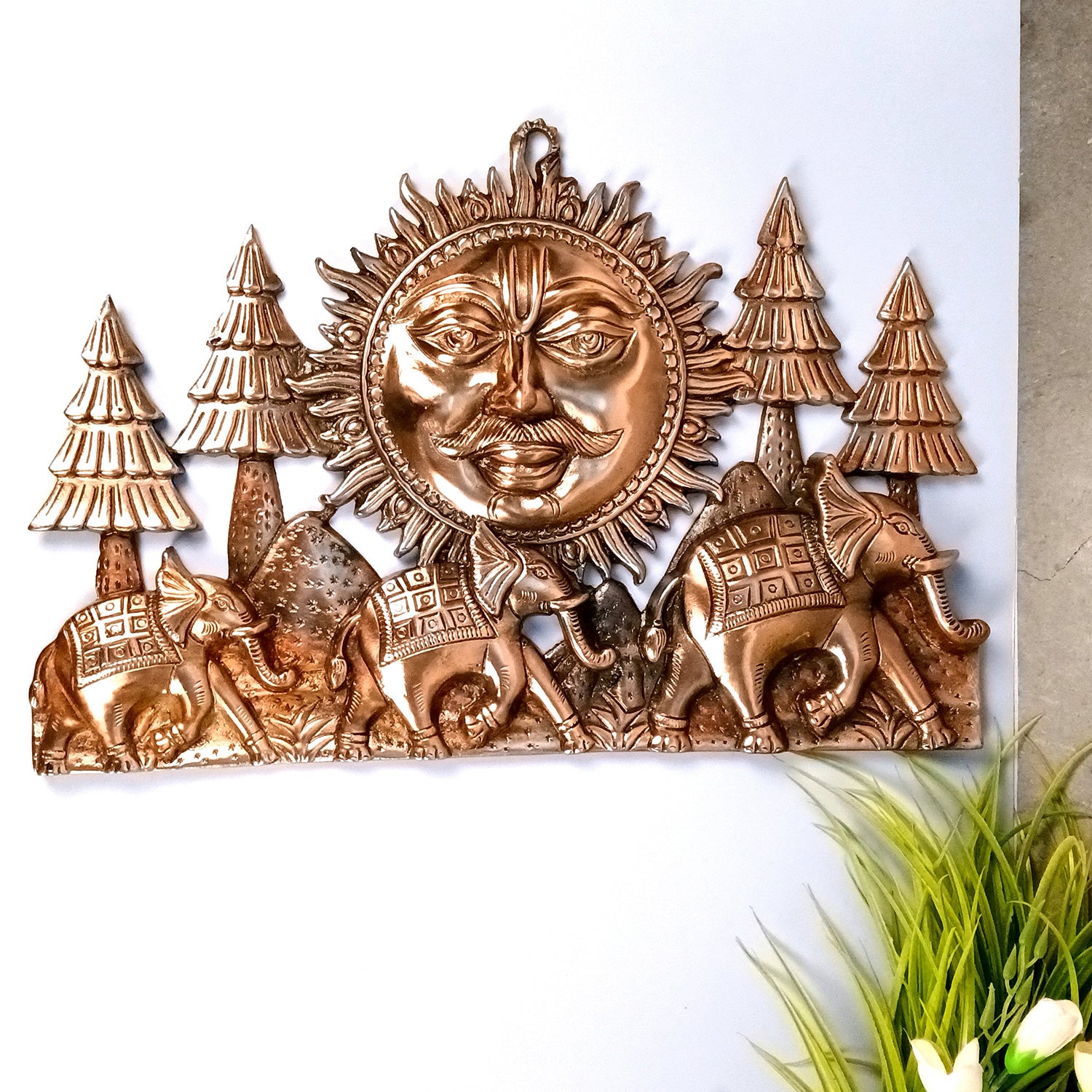 Sun With 3 Elephants Wall Hanging - For Vastu, Feng Shui, Home, Office, Living Room Wall Decor & Gifts (Metal - Alloy, Color - Copper Shade, Size - 20 Inch) - Apkamart