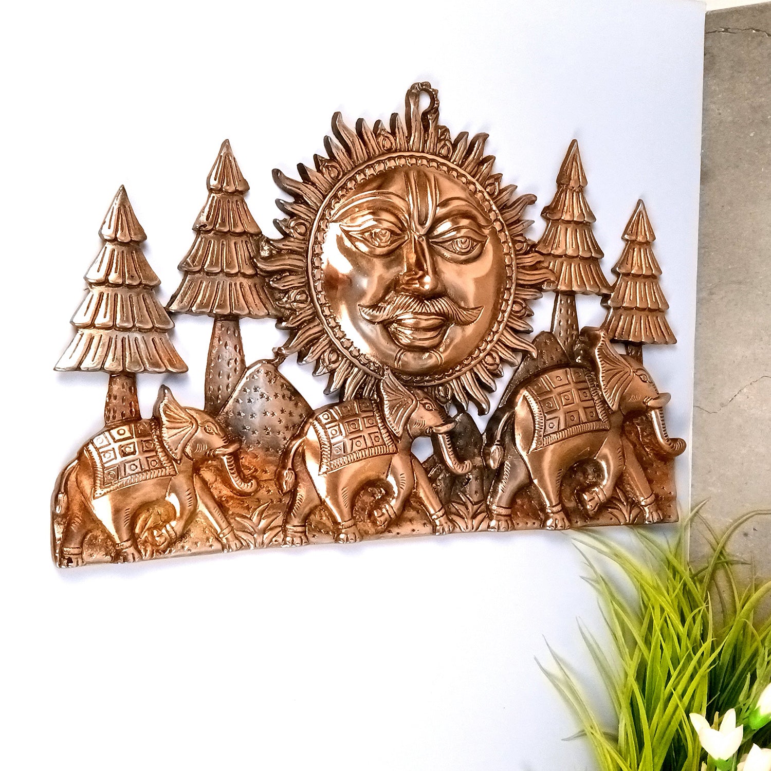 Sun With 3 Elephants Wall Hanging - For Vastu, Feng Shui, Home, Office, Living Room Wall Decor & Gifts (Metal - Alloy, Color - Copper Shade, Size - 20 Inch) - Apkamart