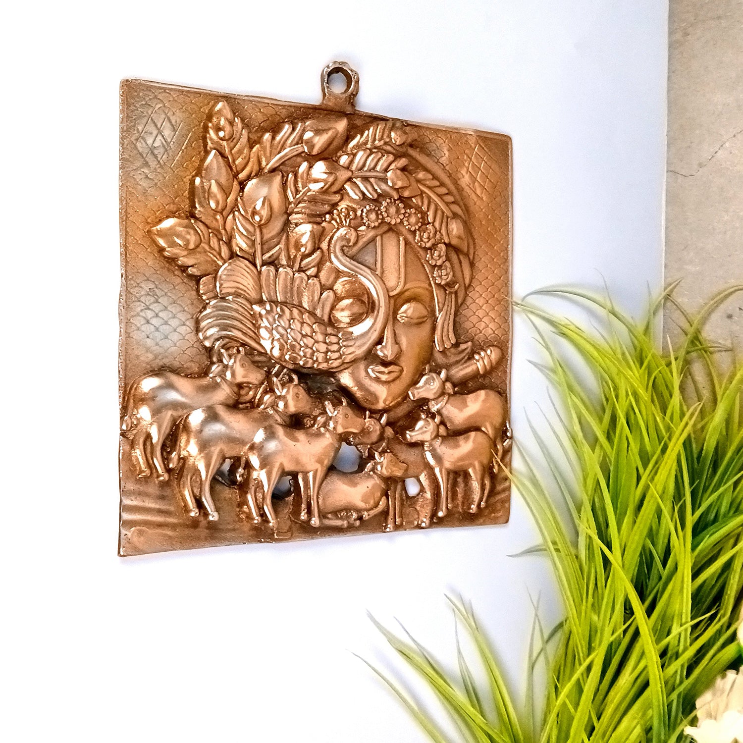 Krishna Wall Hanging Idol | Krishna With Peacock & Cow Wall Decor - for Home, Living Room, Office, Puja, Entrance Decoration & Gift - 11 Inch - Apkamart