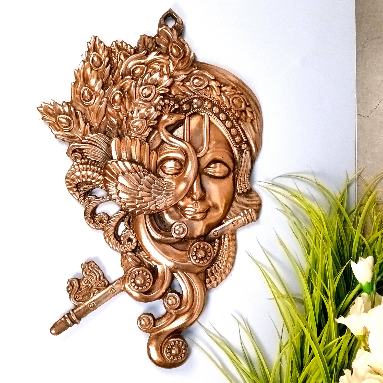 Krishna Wall Hanging Idol | Krishna With Peacock & Flute / Bansuri Wall Decor - for Home, Living Room, Office, Puja, Entrance Decoration & Gift - 20 Inch - Apkamart