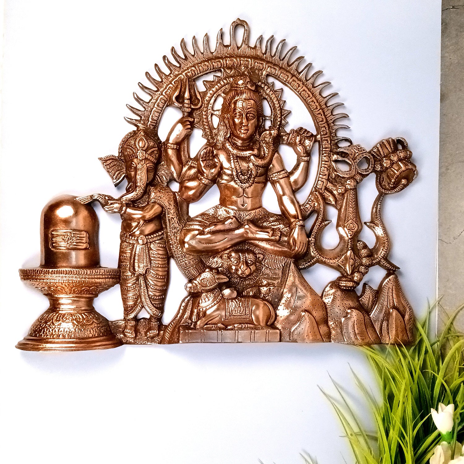 Shiv & Ganesh Wall Hanging - Shiva With Ganesha, Shiv Ling, Nandi & Trishul Wall Hanging - for Home, Puja Room Decor, Living Room & Gift - 20 Inch (Metal - Alloy, Color - Copper Shade) - Apkamart