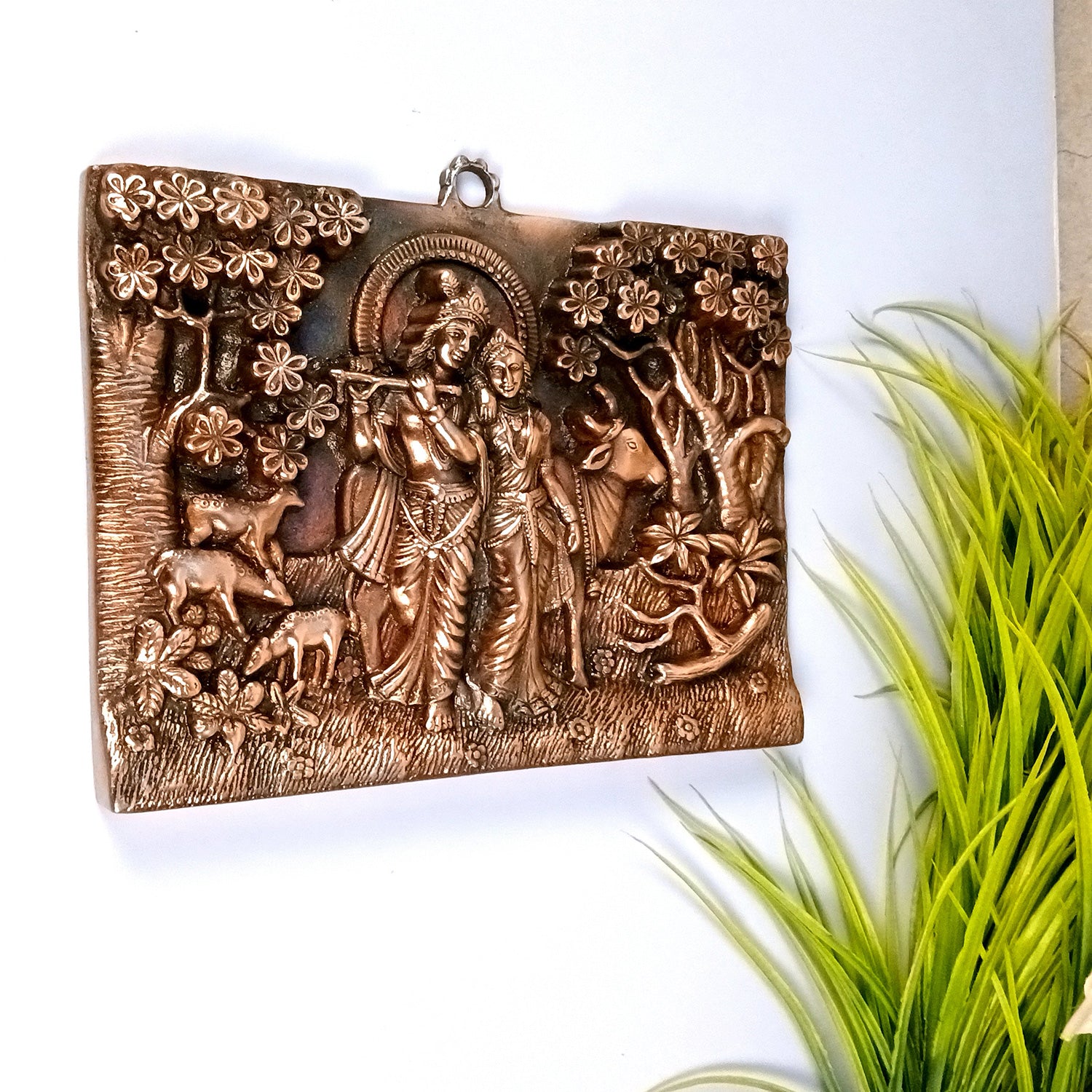 Radha Krishna Wall Hanging Idol | Krishna Playing Flute / Bansuri With Cow Wall Decor - for Home, Living Room, Office, Puja, Entrance Decoration & Gift - 11 Inch - Apkamart