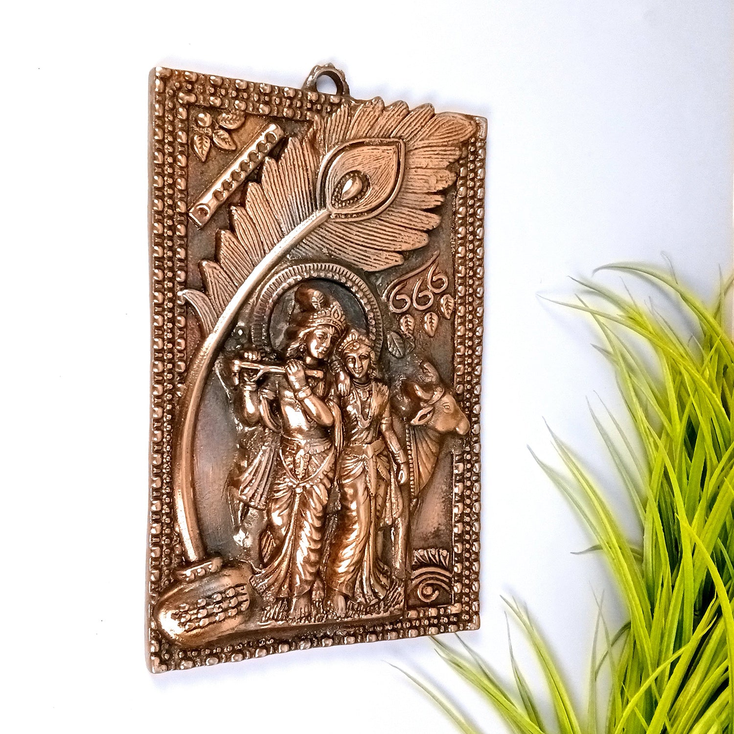 Radha Krishna Wall Hanging Idol | Krishna With Cow & Mor Pankh Wall Decor | Wedding Gift for Couples - for Home, Living Room, Office, Puja, Entrance Decoration & Gift - 12 Inch - Apkamart