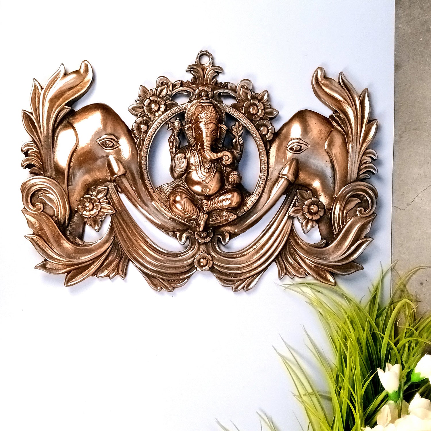 Ganesh Wall Hanging Idol | Lord Ganesha With Elephants Big Wall Statue Decor |Large Spiritual Wall Art - For Puja, Home & Entrance Living Room & Gift - 19 Inch - Apkamart