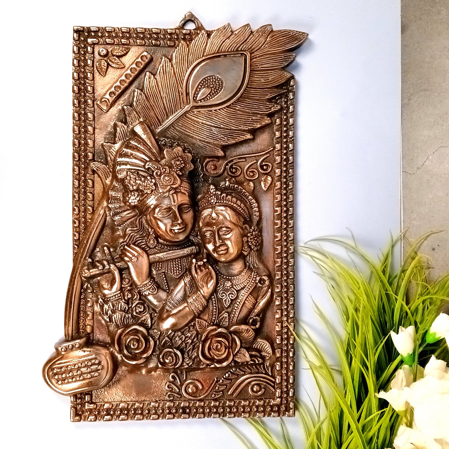 Radha Krishna Wall Hanging Idol | Krishna Playing Flute / Bansuri Wall Decor | Wedding Gift for Couples - for Home, Living Room, Office, Puja, Entrance Decoration & Gift - 21 Inch - Apkamart