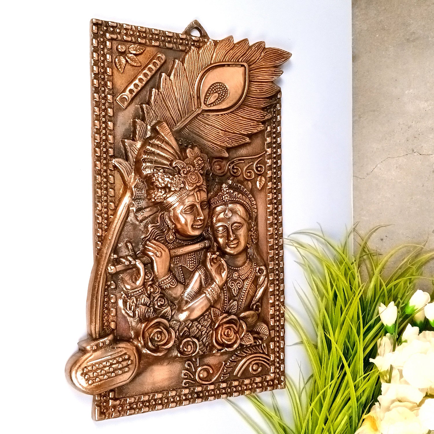 Radha Krishna Wall Hanging Idol | Krishna Playing Flute / Bansuri Wall Decor | Wedding Gift for Couples - for Home, Living Room, Office, Puja, Entrance Decoration & Gift - 21 Inch - Apkamart