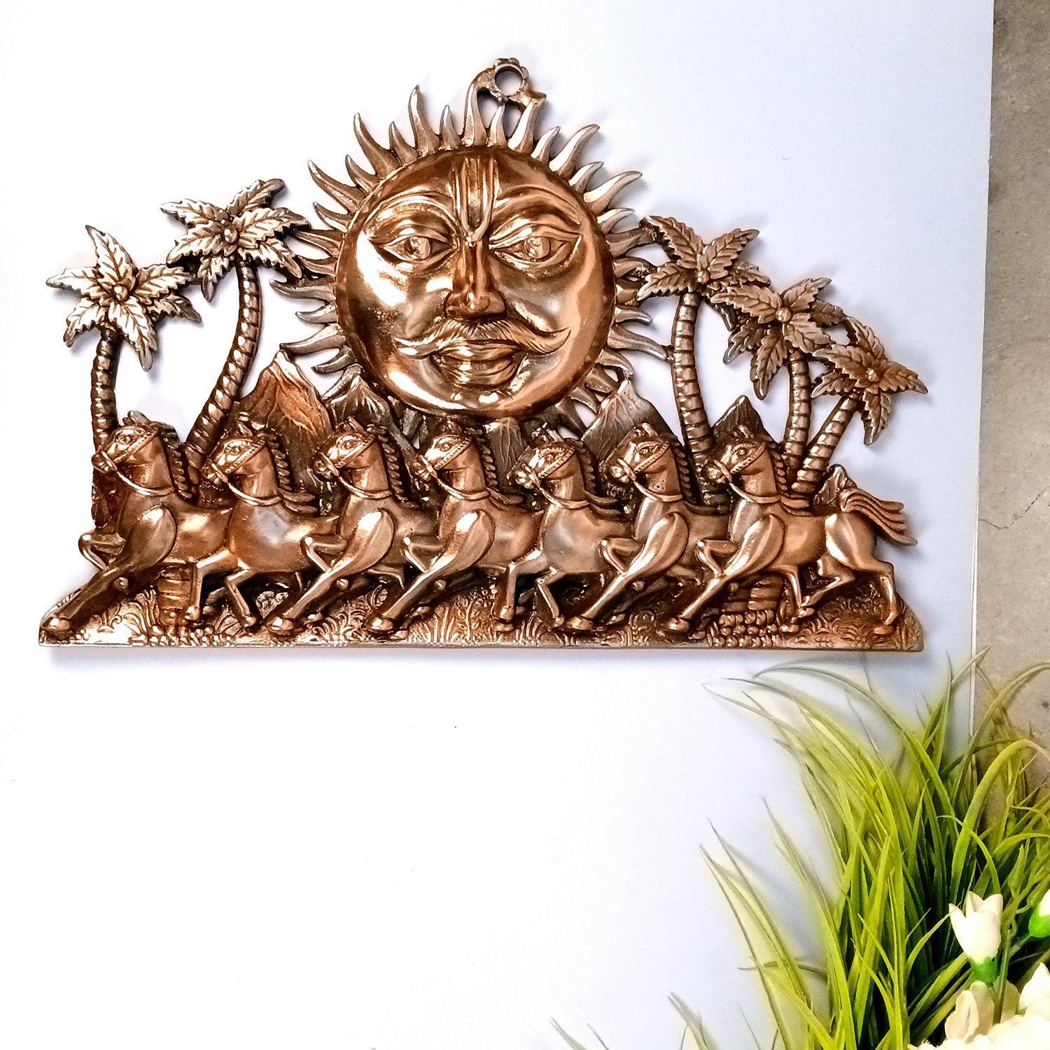 Seven / 7 Running Horse With Sun Wall Hanging - For Vastu, Feng Shui, Home, Office, Living Room Wall Decor & Gifts (Metal - Alloy, Color - Copper Shade, Size - 20 Inch) - Apkamart