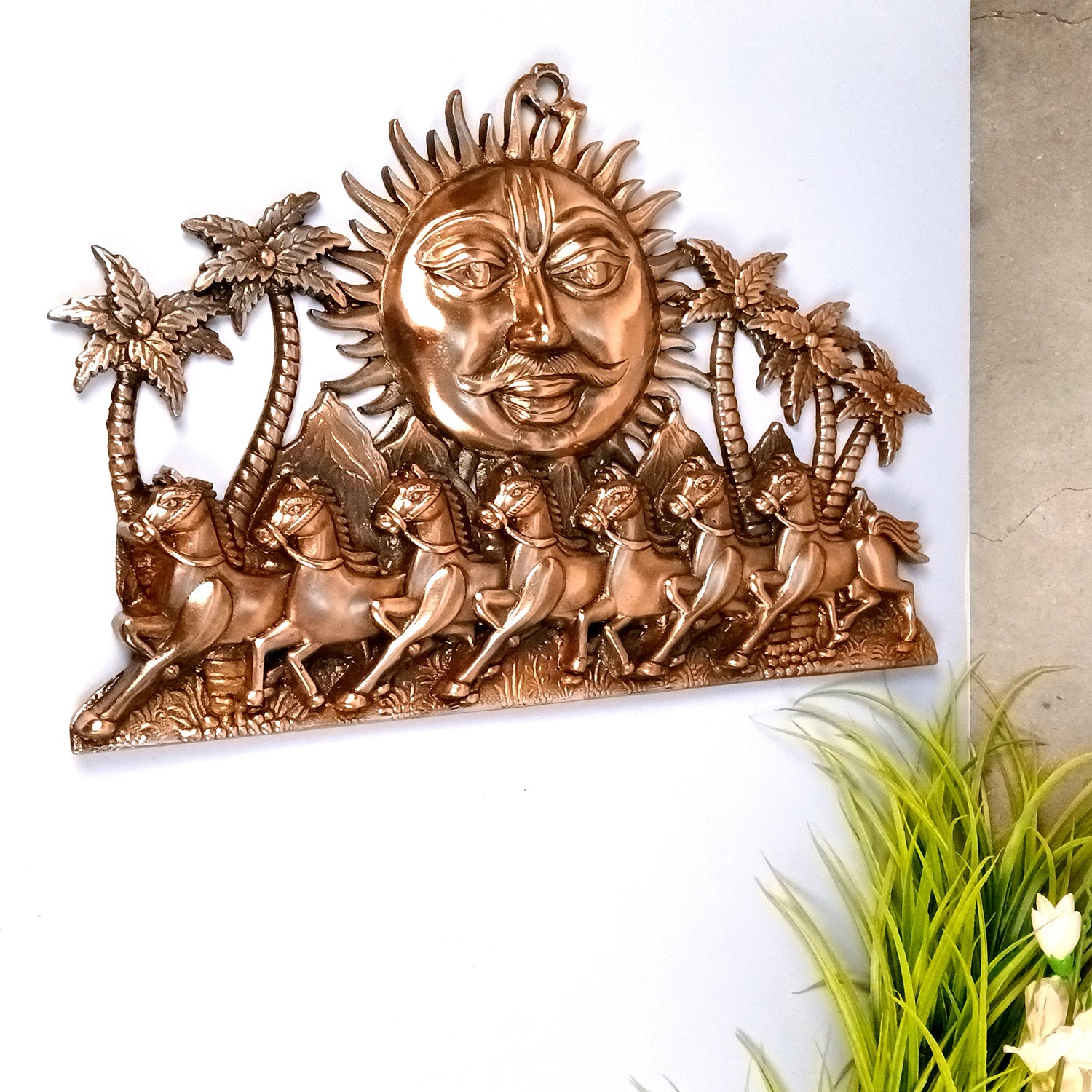 Seven / 7 Running Horse With Sun Wall Hanging - For Vastu, Feng Shui, Home, Office, Living Room Wall Decor & Gifts (Metal - Alloy, Color - Copper Shade, Size - 20 Inch) - Apkamart