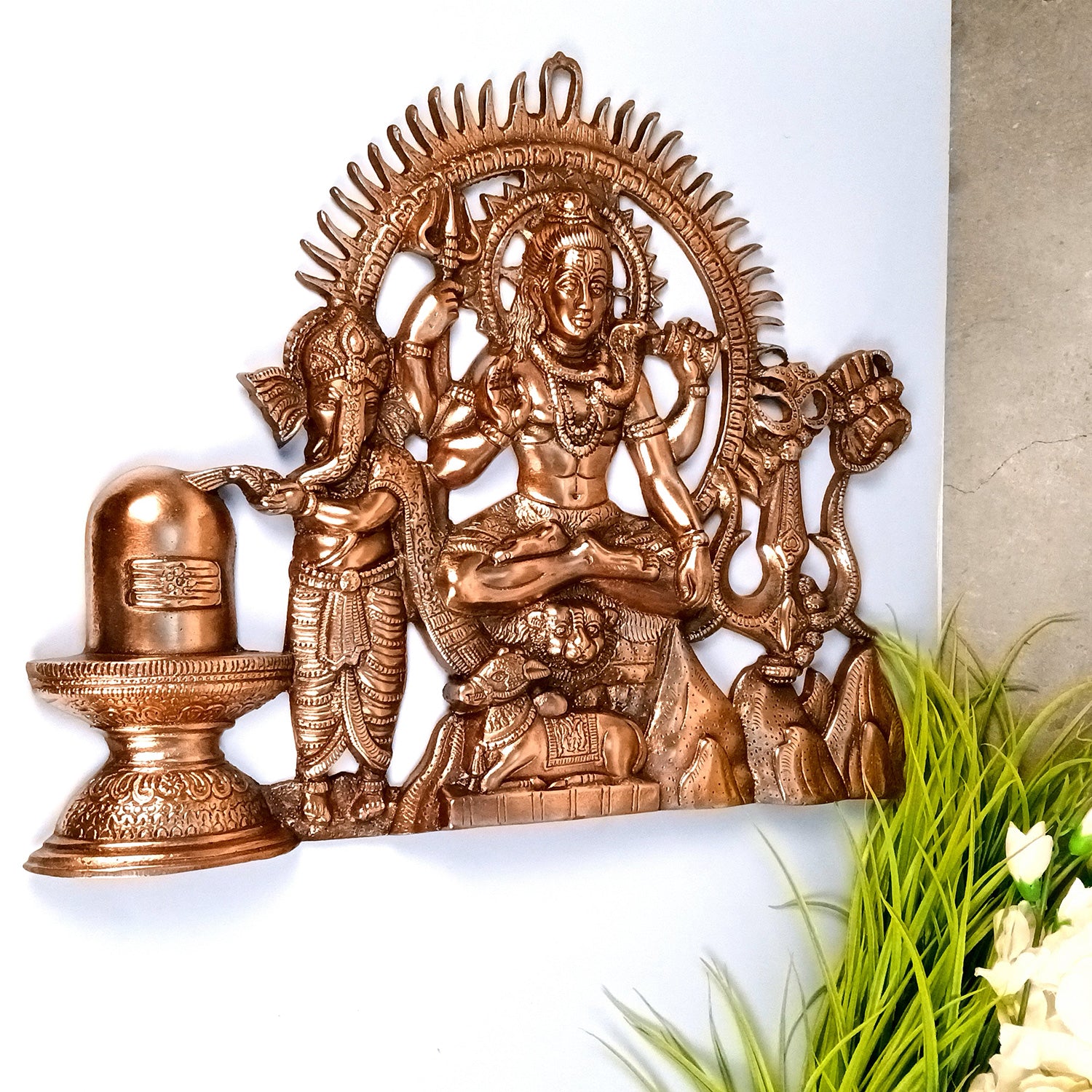 Shiv & Ganesh Wall Hanging - Shiva With Ganesha, Shiv Ling, Nandi & Trishul Wall Hanging - for Home, Puja Room Decor, Living Room & Gift - 20 Inch (Metal - Alloy, Color - Copper Shade) - Apkamart