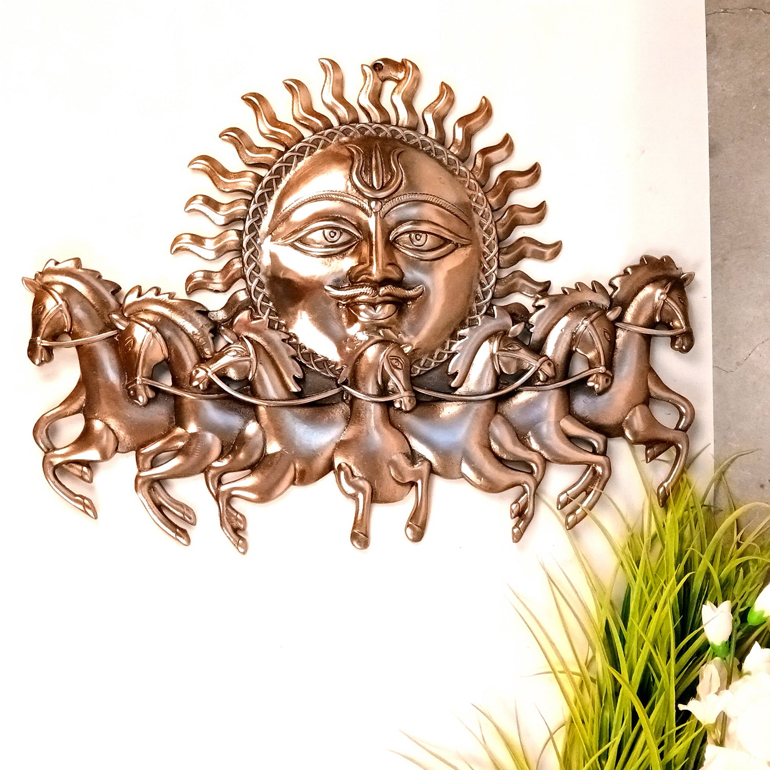 Seven / 7 Running Horse With Sun Wall Hanging - For Vastu, Feng Shui, Home, Office, Living Room Wall Decor & Gifts (Metal - Alloy, Color - Copper Shade, Size - 23 Inch) - Apkamart