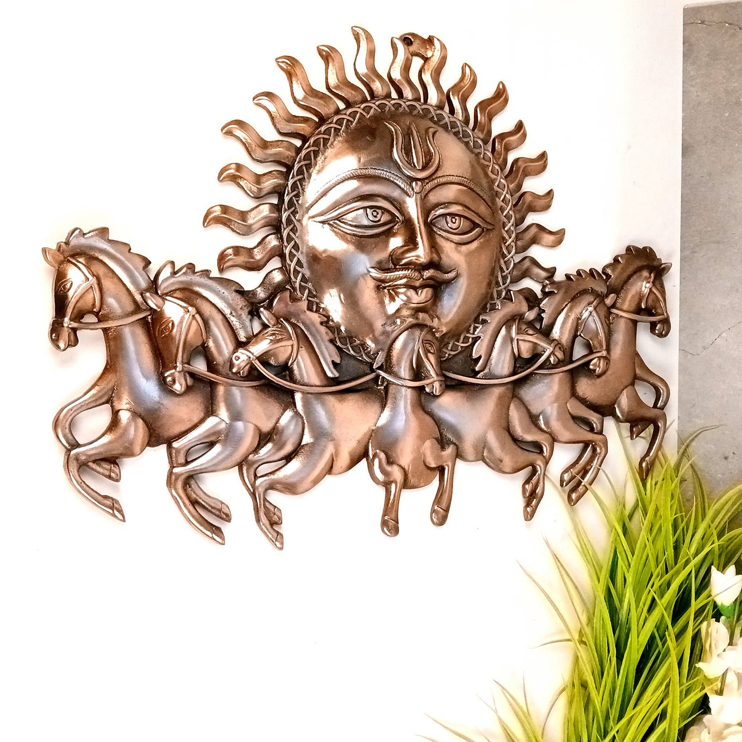 Seven / 7 Running Horse With Sun Wall Hanging - For Vastu, Feng Shui, Home, Office, Living Room Wall Decor & Gifts (Metal - Alloy, Color - Copper Shade, Size - 23 Inch) - Apkamart