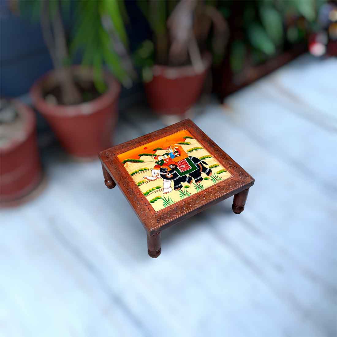 Wooden Bajot | Chowki with Handpainting - For Sitting & Home Decor -15 Inch - ApkaMart #style_Pack of 1