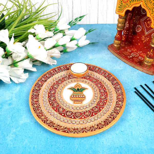 Marble Pooja Plate With Diya | Aarti Thali - Heavy Kalash Design - For Pooja, Weddings & Festivals - 9 Inch - Apkamart