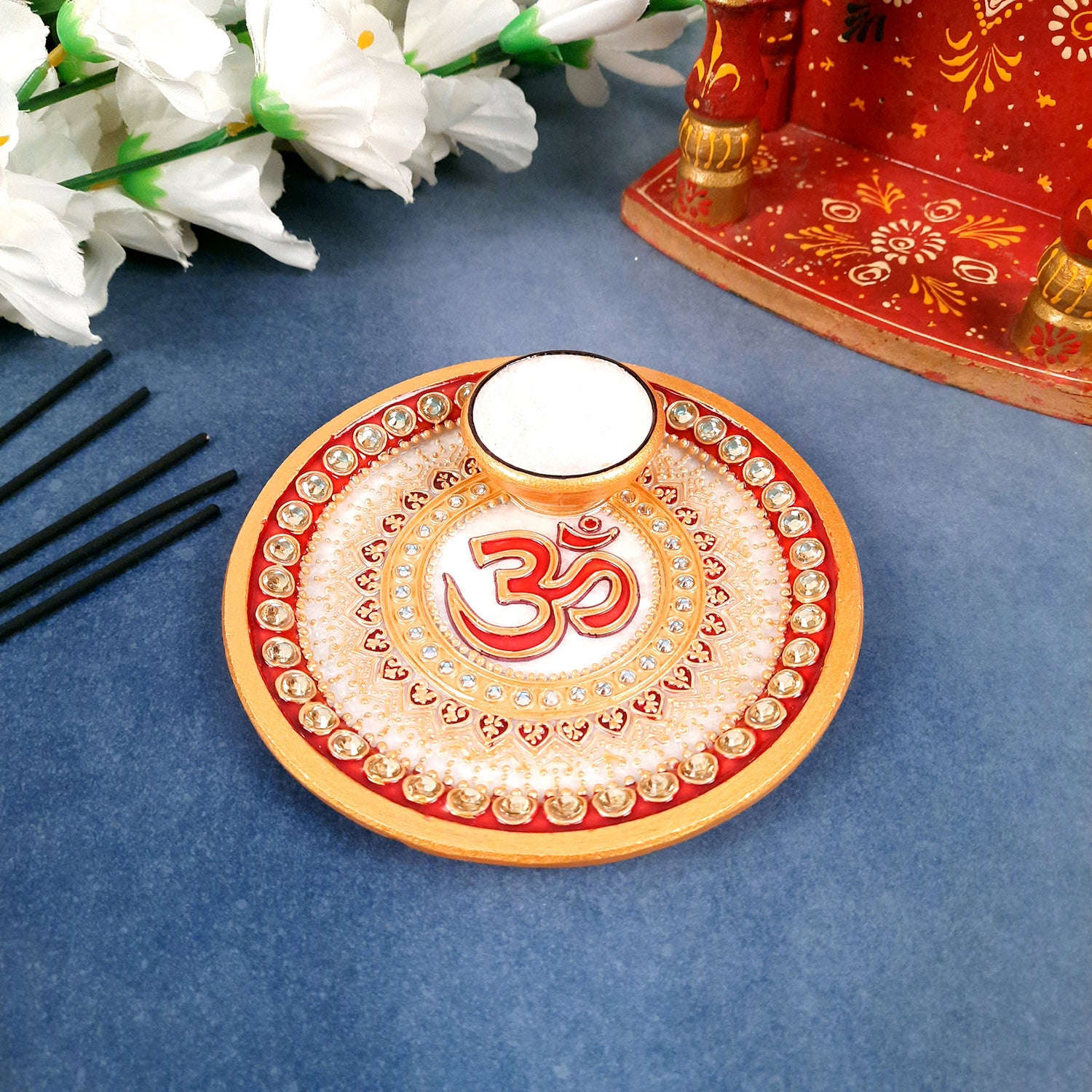 Puja Plate with Diya |Marble Pooja Thali With Heavy Om Design - For Pooja, weddings & Festivals - 6 Inch - Apkamart
