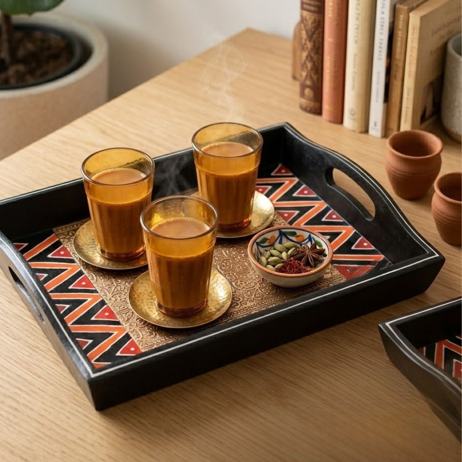 Wooden Tray Set Brass Embellished | Pack of 2 Trays - 13 Inch