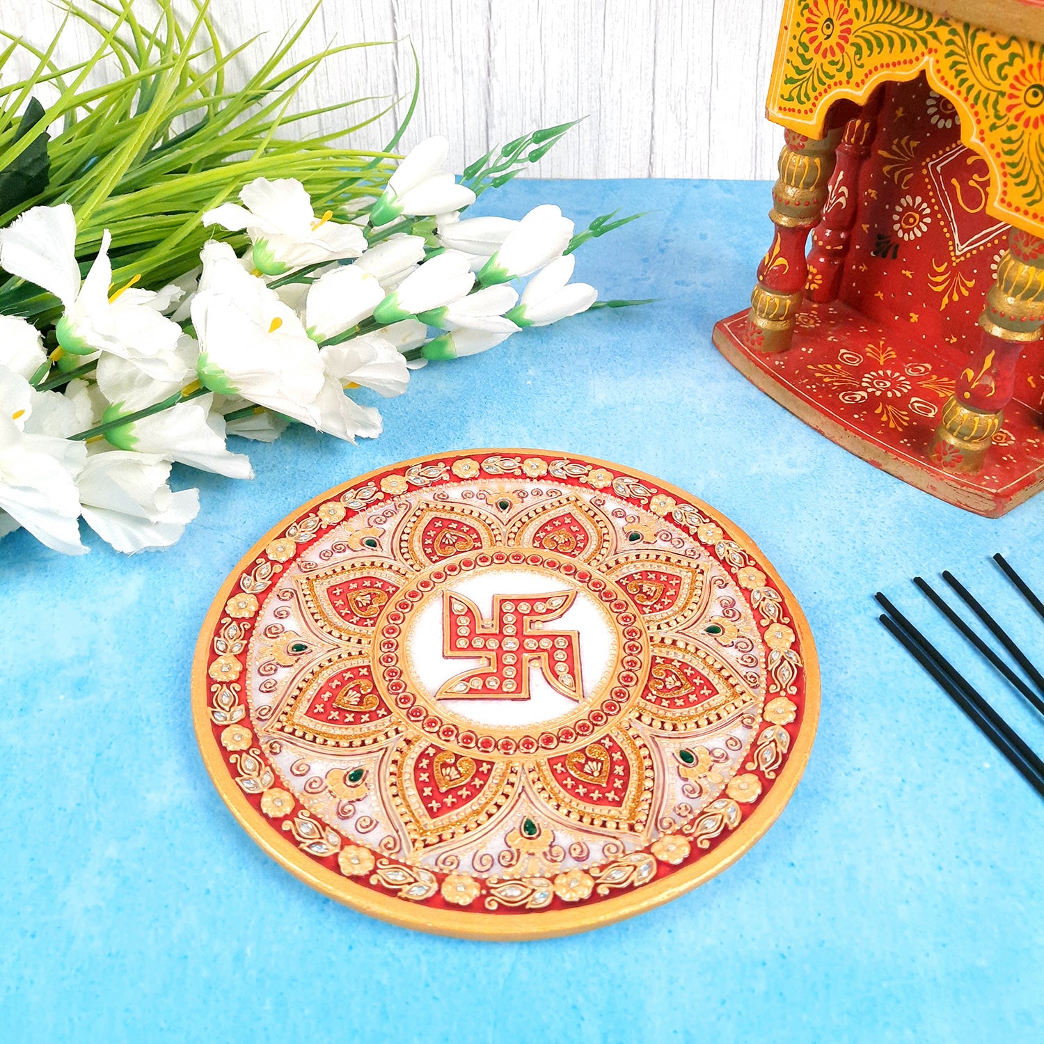 Marble Pooja Plate | Aarti Thali Big - Heavy Design - For Pooja, Weddings & Festivals - 9 Inch - Apkamart
