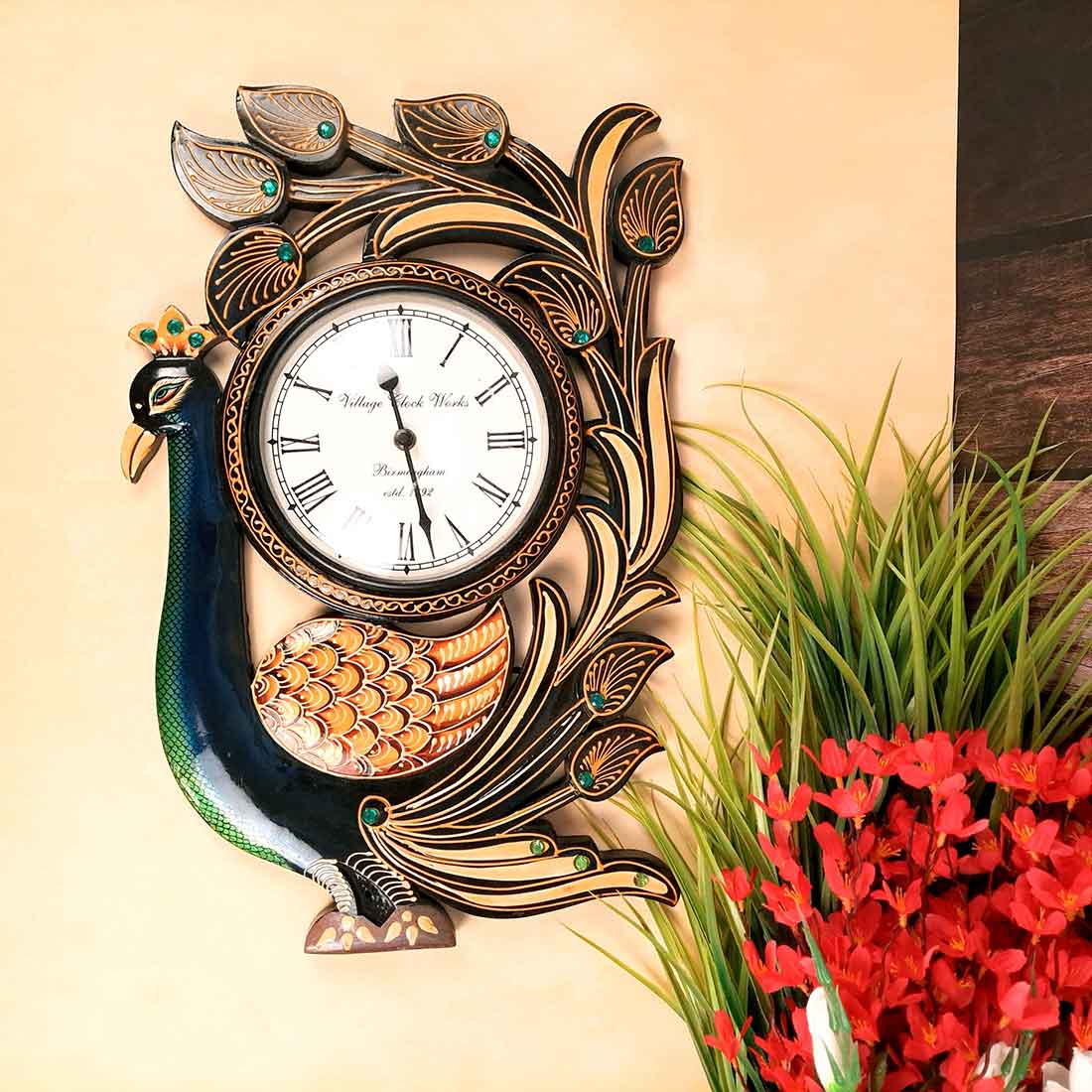 Peacock Wall Clock - Wood Wall Clock - For Living Room - 18 Inch- Apkamart