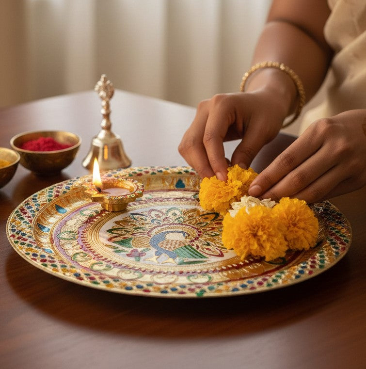 Peacock Design Pooja Thali for Diwali Karwa Chauth Festival | Decorative Pooja Thali for Home Mandir Temple and Religious Occasions - 13 Inch - Apkamart