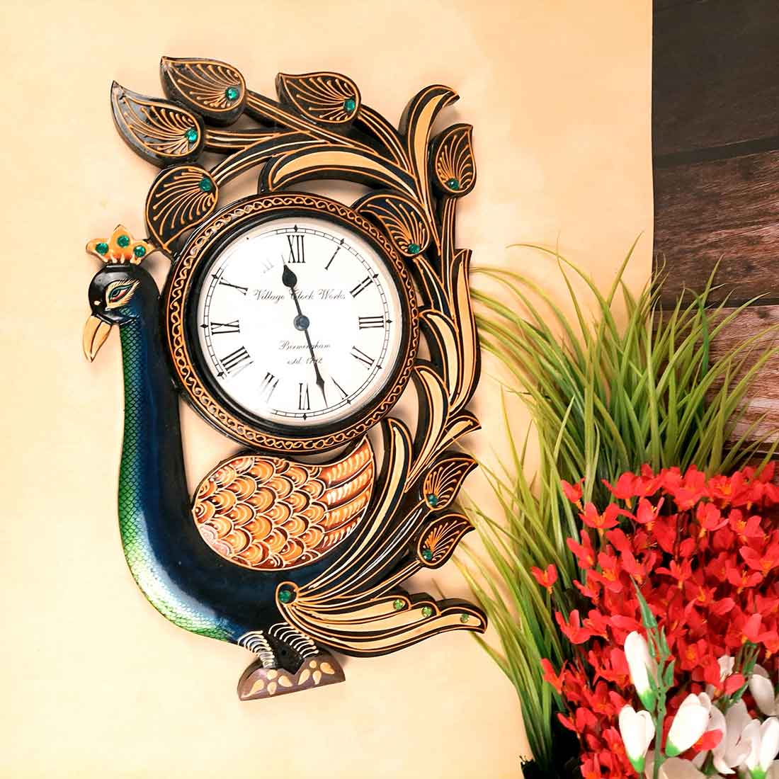 Peacock Wall Clock - Wood Wall Clock - For Living Room - 18 Inch- Apkamart