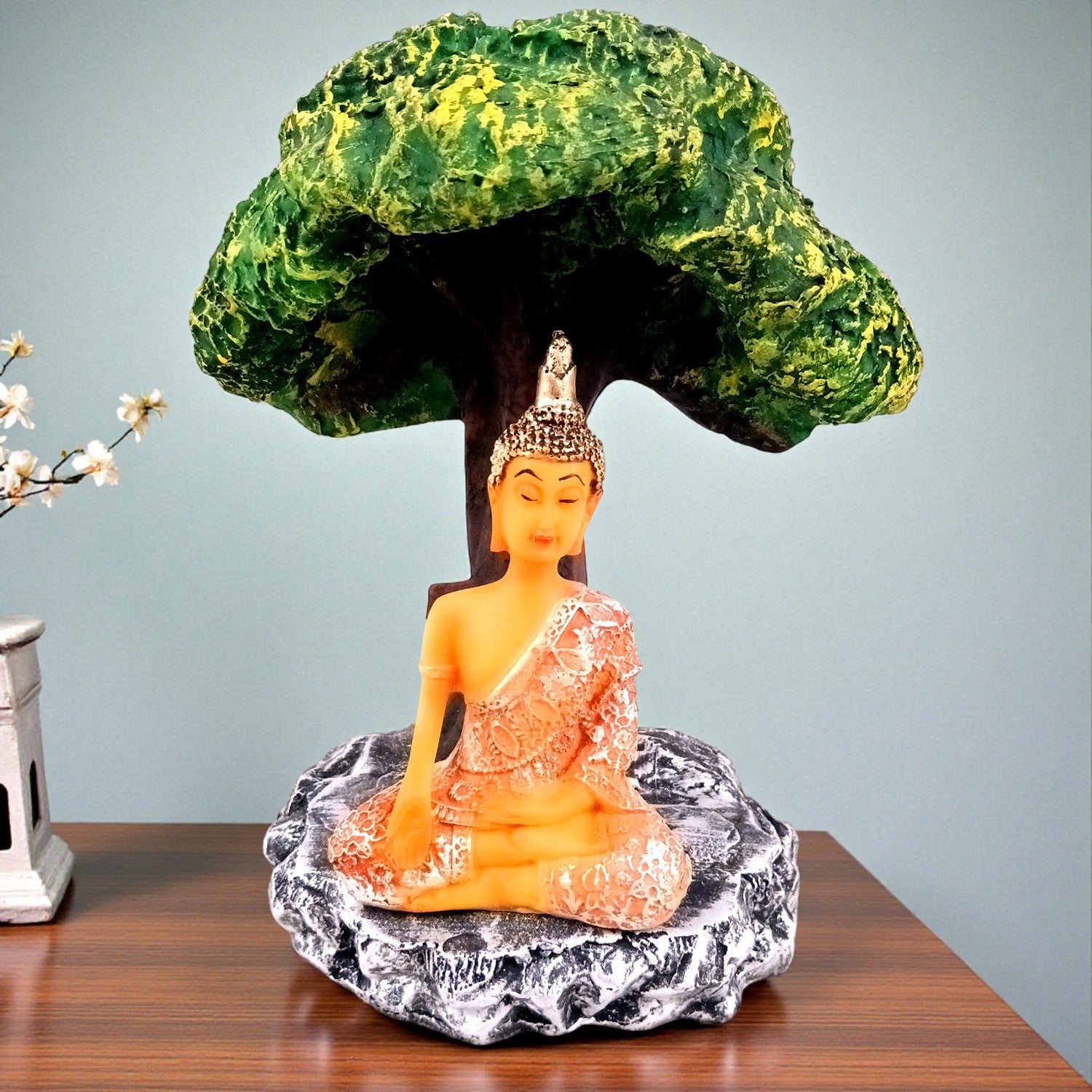 Buddha Statue | Lord Gautam Buddha in Meditation Under Tree Idol Showpiece - For Living room, Home, Table, Shelf, Office Decor & Gift - 9 Inch - Apkamart