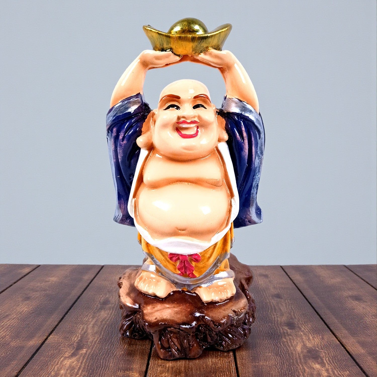 Laughing Buddha With Gold Ingo | Monk Showpiece with Money Bag for Wealth | Good Luck, Money, Health and Prosperity - For Home, Table & Office Decor & Gift - 5 Inch - Apkamart