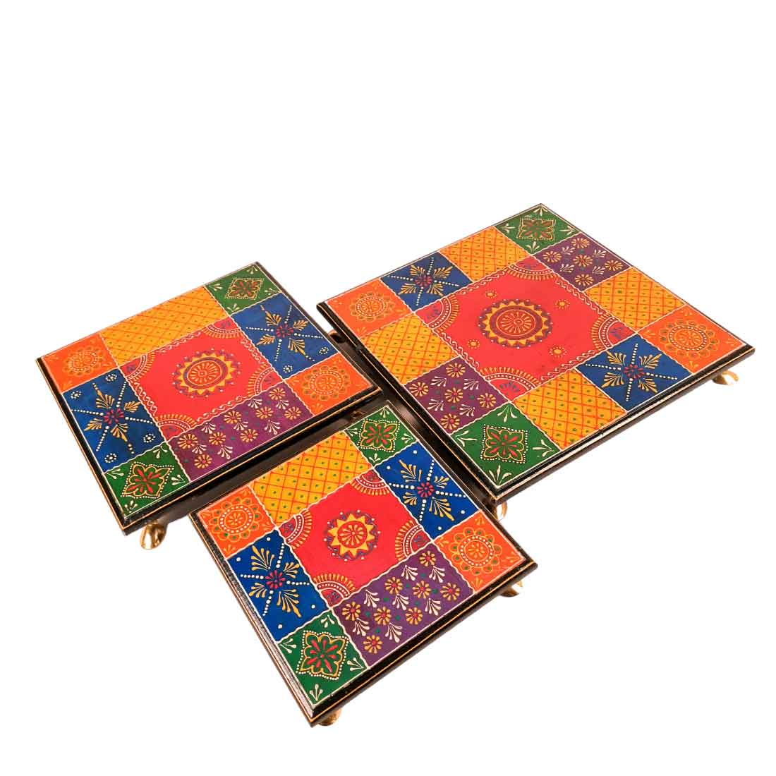 Puja Chowki Bajot | Wooden Chauki - For Pooja & Gifts - 8,10 & 12 Inch - Set of 3 - Apkamart #Style_Design 2