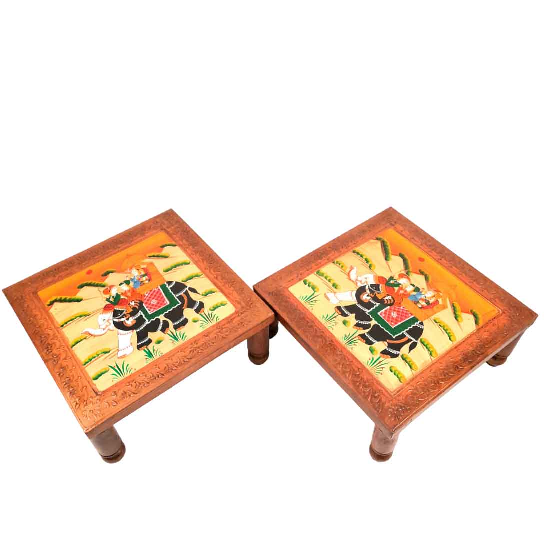 Wooden Bajot | Chowki with Handpainting - For Sitting & Home Decor -15 Inch - ApkaMart #style_Pack of 2