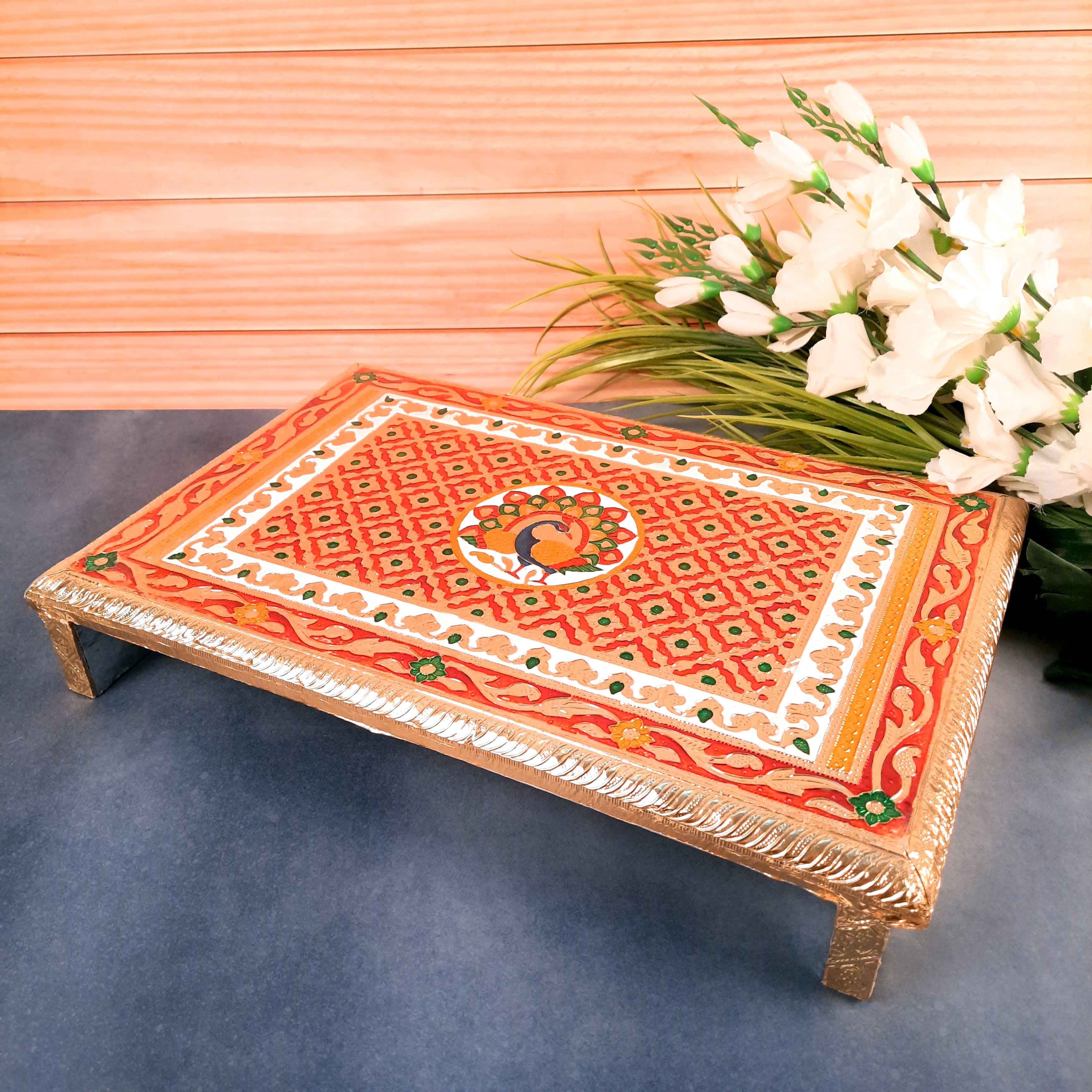 Pooja Chowki Bajot | Minakari Patla Chauki - For Pooja, Weddings & Festivals - 18 Inch - Apkamart#Style_Peacock Design