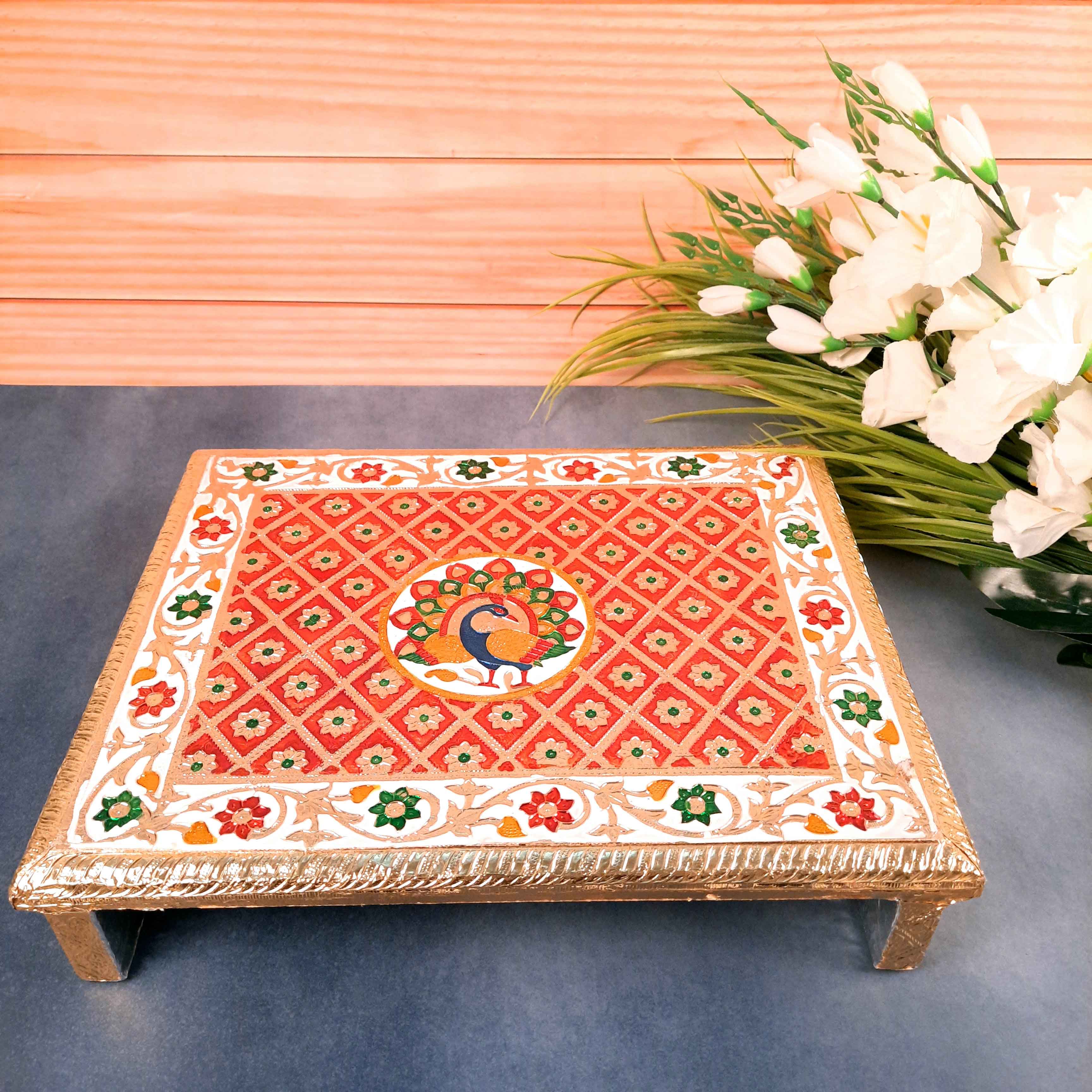 Pooja Patla Chowki | Minakari Patta - For Pooja, Weddings & Festivals - 15 Inch - Apkamart #Style_Peacock Design