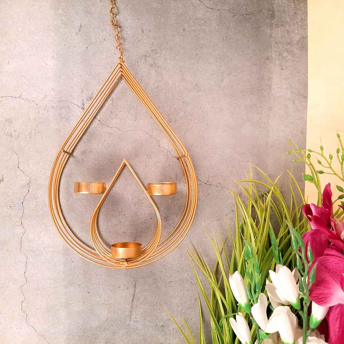 Wall Mount Tea Light Holder | Golden T Light Hanging with 3 T Light Slots - For Wall & Home Decor & Gifts - 22 Inch - Apkamart