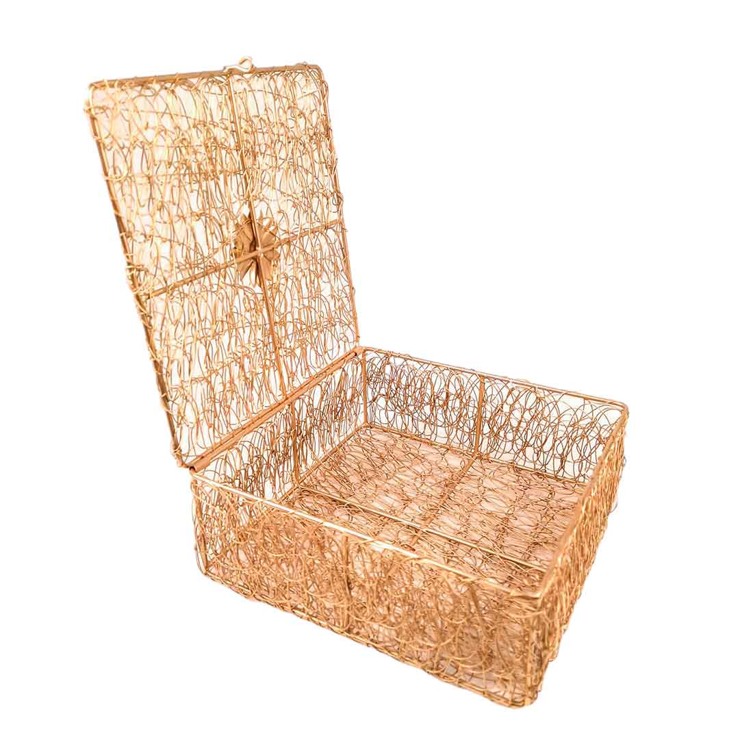 Mesh Wire Box With Lid | Multipurpose Golden Box - For Home Decor, Wedding Gift, Shagun Basket - 9 Inch Apkamart