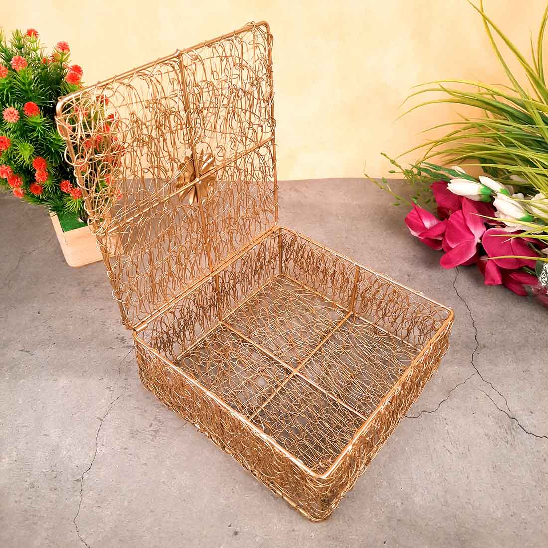 Mesh Wire Box With Lid | Multipurpose Golden Box - For Home Decor, Wedding Gift, Shagun Basket - 9 Inch Apkamart