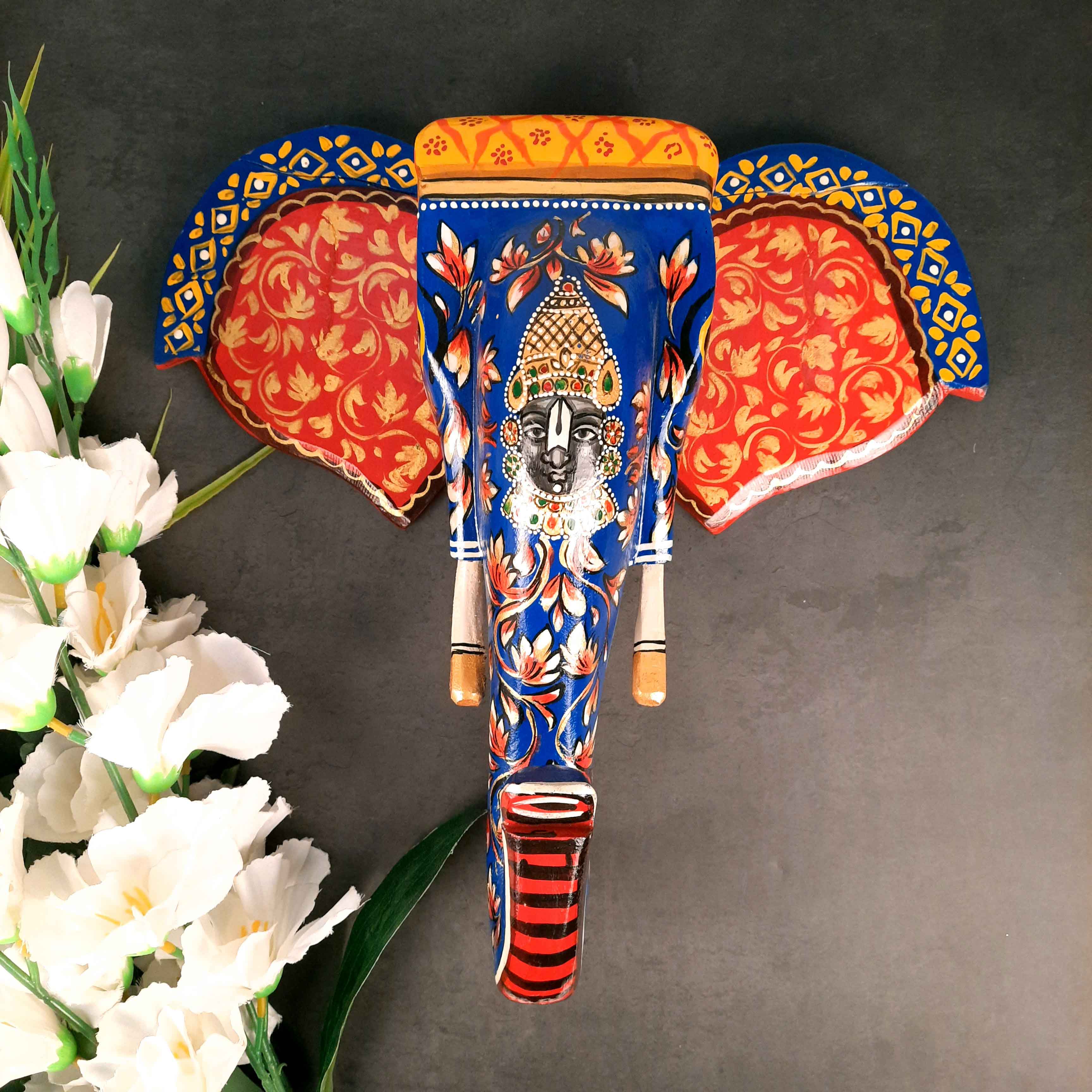 Elephant Head Wall Decor | Wooden Elephant Head with Balaji Wall Hanging - For Home, Wall Decor & Gifts - 14 Inch Inch-Apkamart #Color_Blue