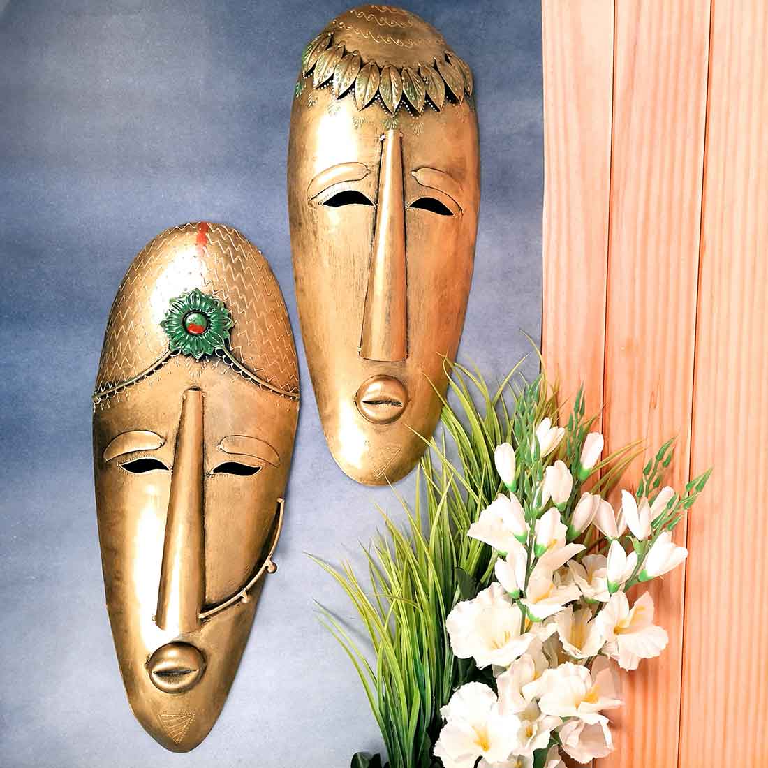Wall Mask | Decorative Tribal Masks For Home Entrance & Living Room |Man & Woman Metal Face Hanging - For House, Door, Hall-Way, Balcony Decoration - 21 Inch - Apkamart