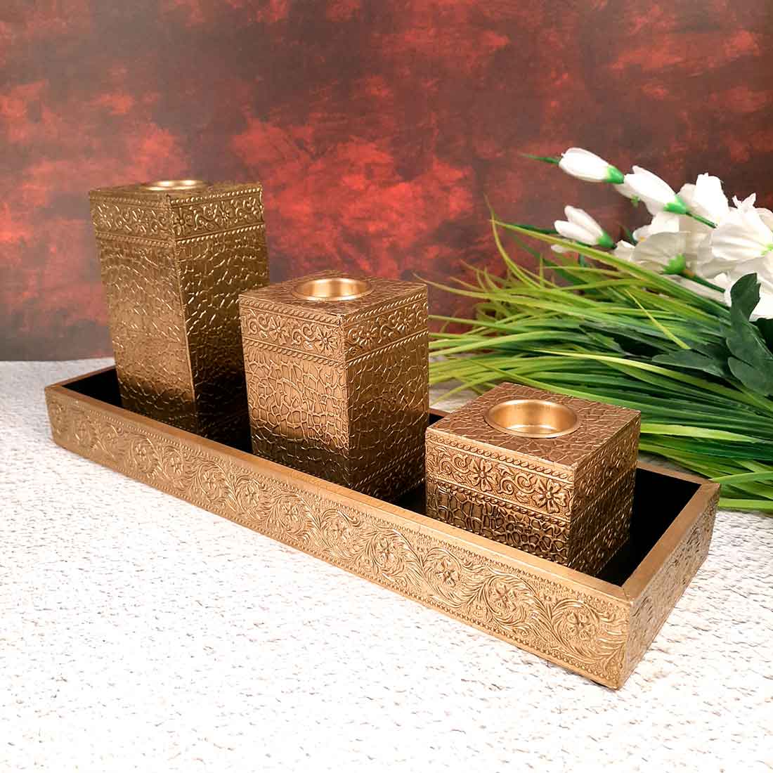 Brass candle tray set - Candle Stand for Dining Table - 7 Inch- Apkamart
