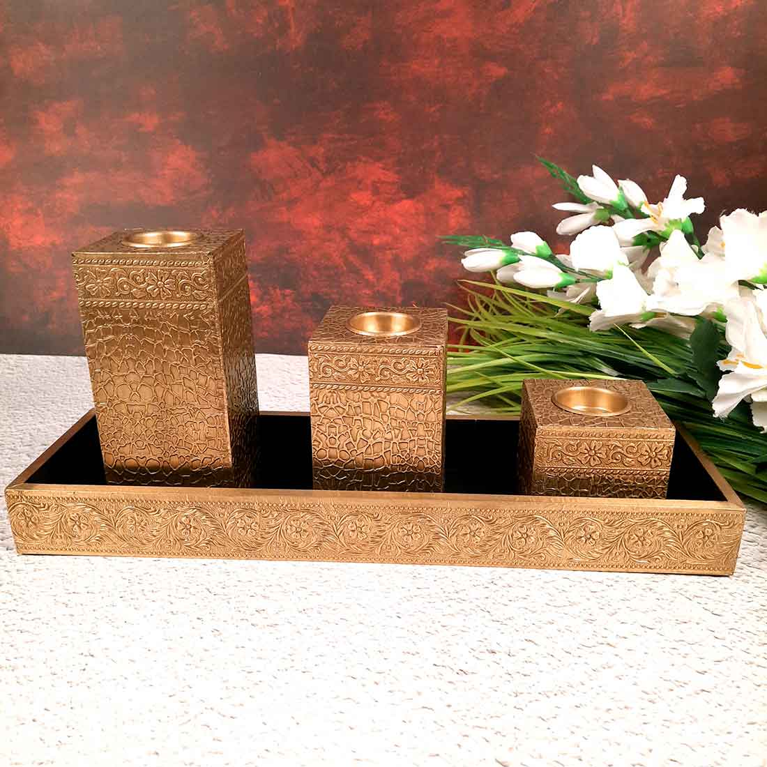 Brass candle tray set - Candle Stand for Dining Table - 7 Inch- Apkamart