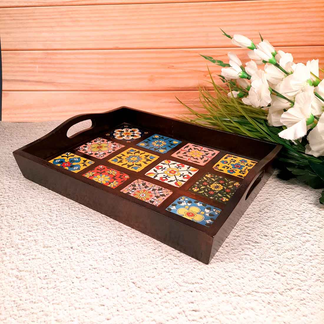 Wooden Tray With Ceramic Tile Base - For Serving, Kitchen, Dining Table Decor - 15 inch- Apkamart