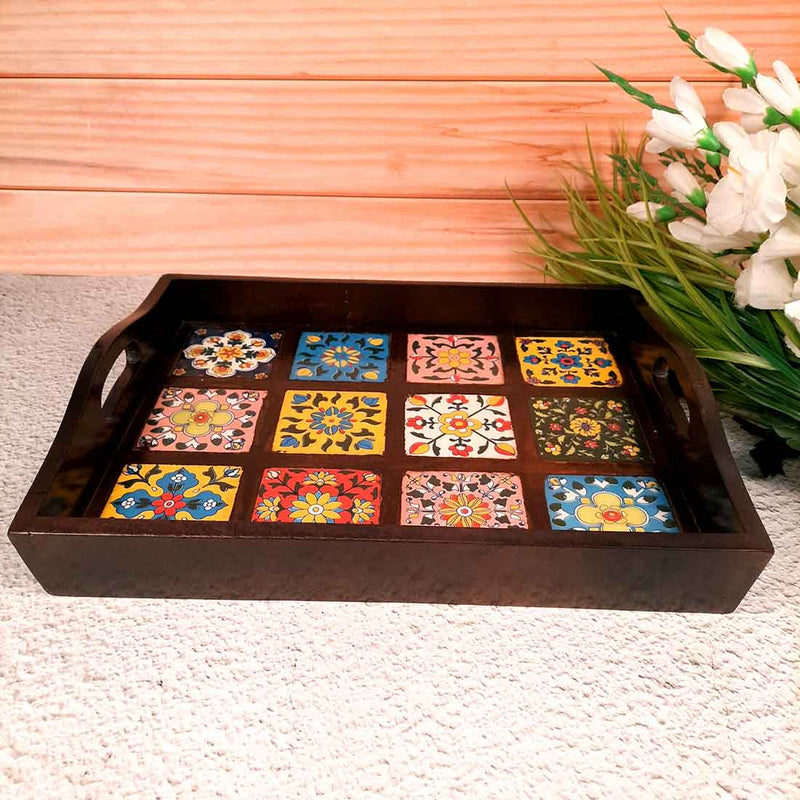Wooden Tray With Ceramic Tile Base - For Serving, Kitchen, Dining Table Decor - 15 inch- Apkamart