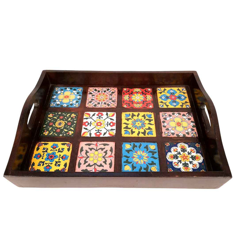 Wooden Tray With Ceramic Tile Base - For Serving, Kitchen, Dining Table Decor - 15 inch- Apkamart