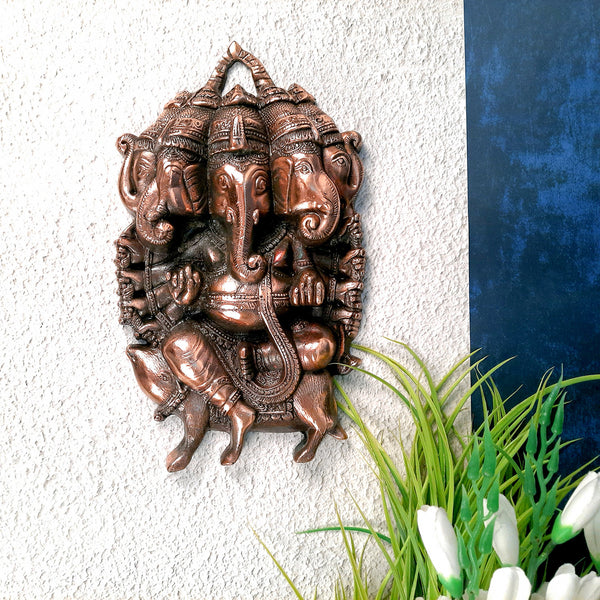 Ganesha Wall Hanging | Panchmukhi Ganesh Wall Decor for Main Gate | Vastu Ganesha Idol for Home, Puja & Religious Decor - 13 Inch-Apkamart